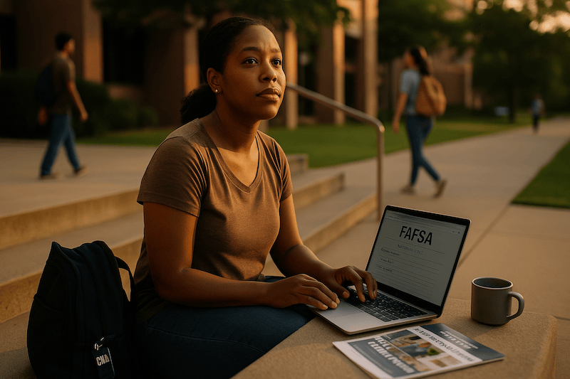 Student filling out FAFSA on a laptop to pay for nursing school.