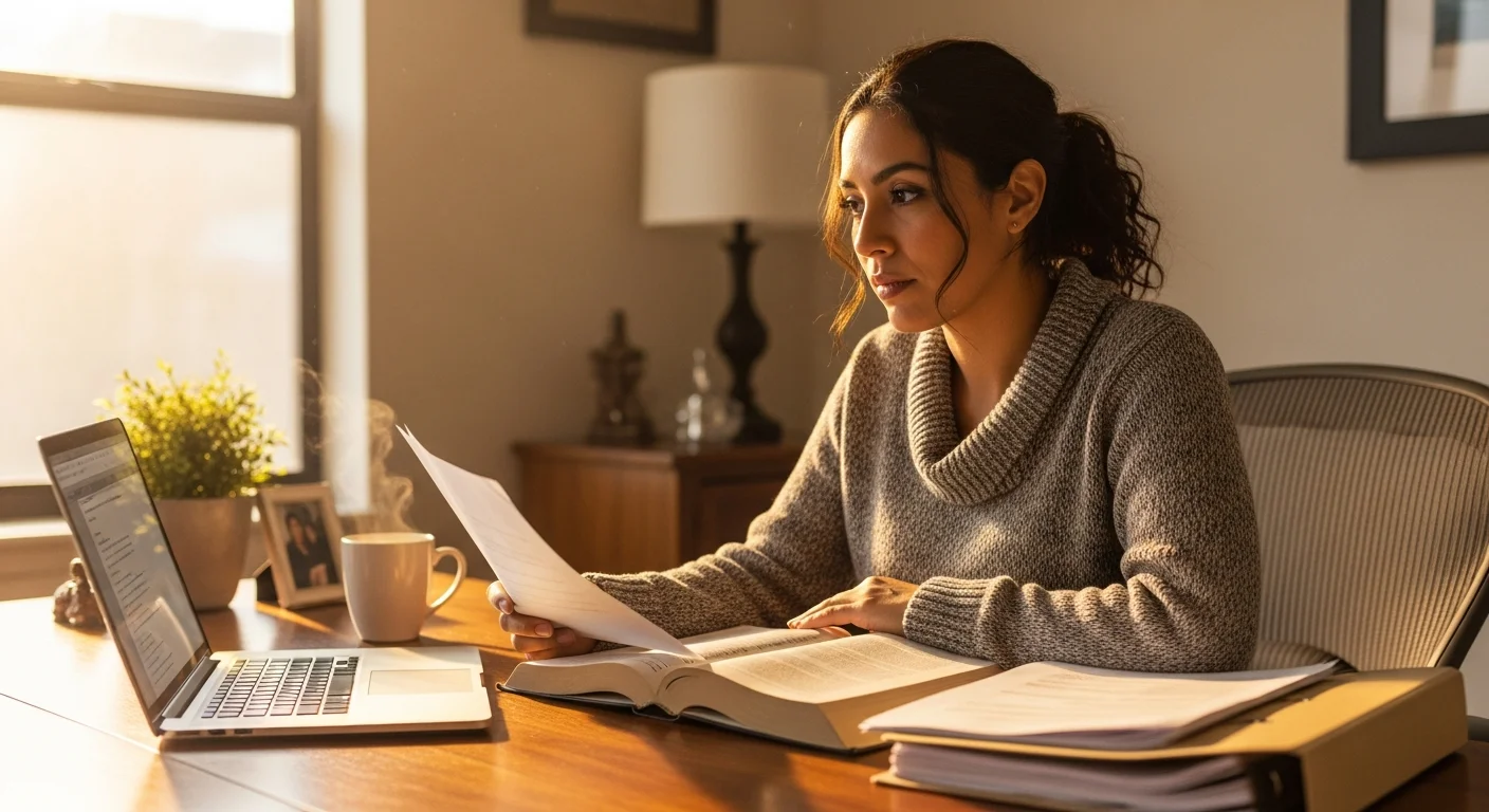 CNA student reviewing certification documents at desk with laptop