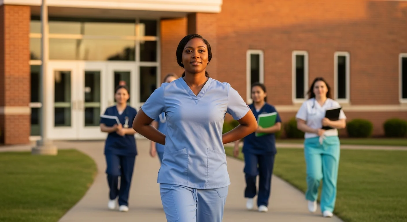 Diverse CNA students in scrubs outside Alabama community college campus