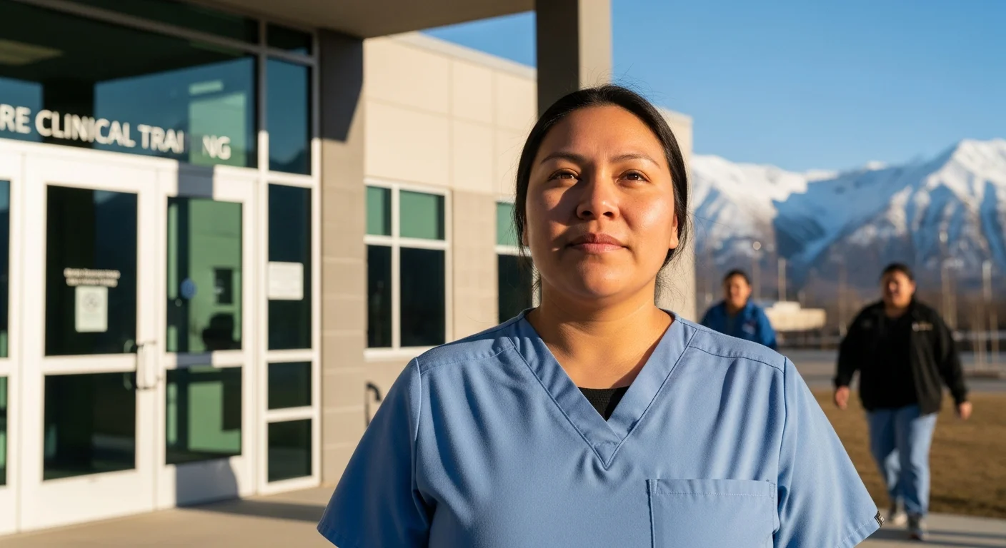 CNA student in scrubs approaching Alaska healthcare facility with snowy mountains in background