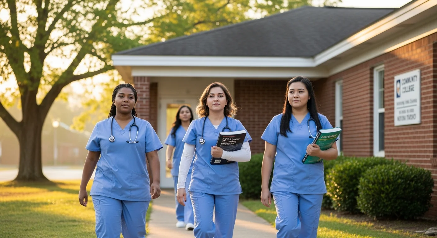 Diverse CNA students in scrubs arriving at an Arkansas nursing training facility