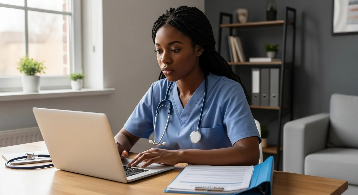 Arkansas CNA reviewing certification status on laptop in warm-lit workspace
