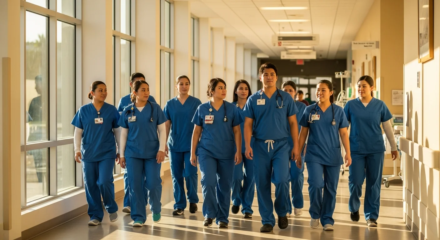 CNA students in scrubs walking through a California healthcare facility at golden hour