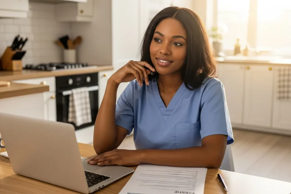 CNA reviewing resume at kitchen table with laptop and printed documents