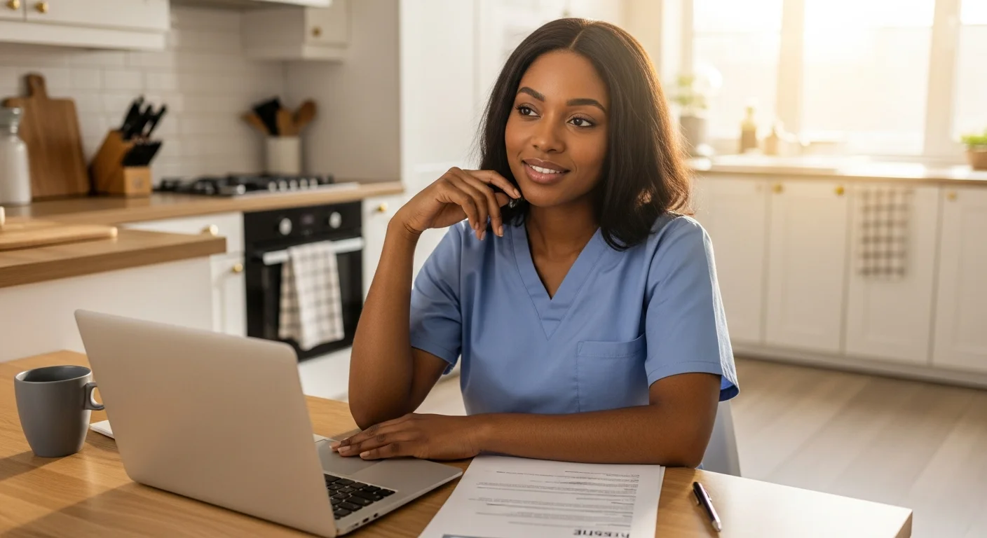 CNA reviewing resume at kitchen table with laptop and printed documents