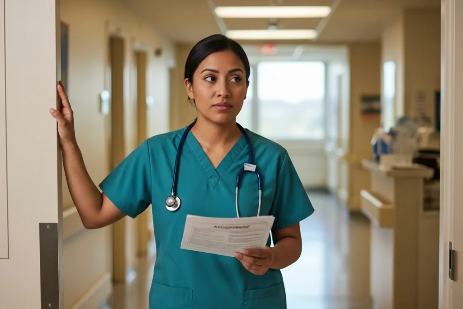 CNA paused at hospital doorway holding assignment sheet weighing whether to proceed with delegated task