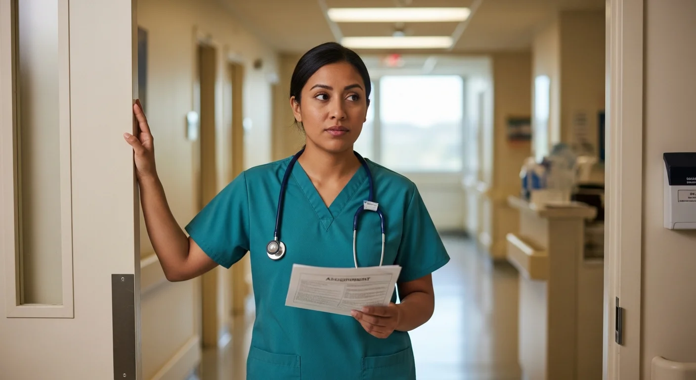 CNA paused at hospital doorway holding assignment sheet weighing whether to proceed with delegated task
