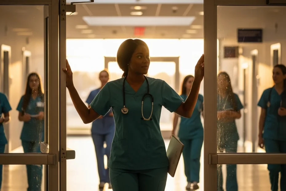 CNA in scrubs looking through nursing school entrance with determination
