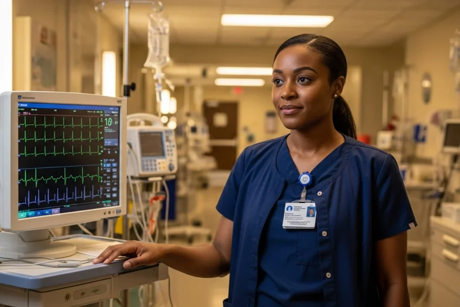 Healthcare worker studying EKG tracing on cardiac monitor in hospital setting