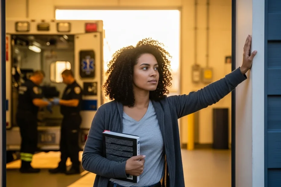 Healthcare worker at ambulance bay entrance weighing career transition from CNA to EMT