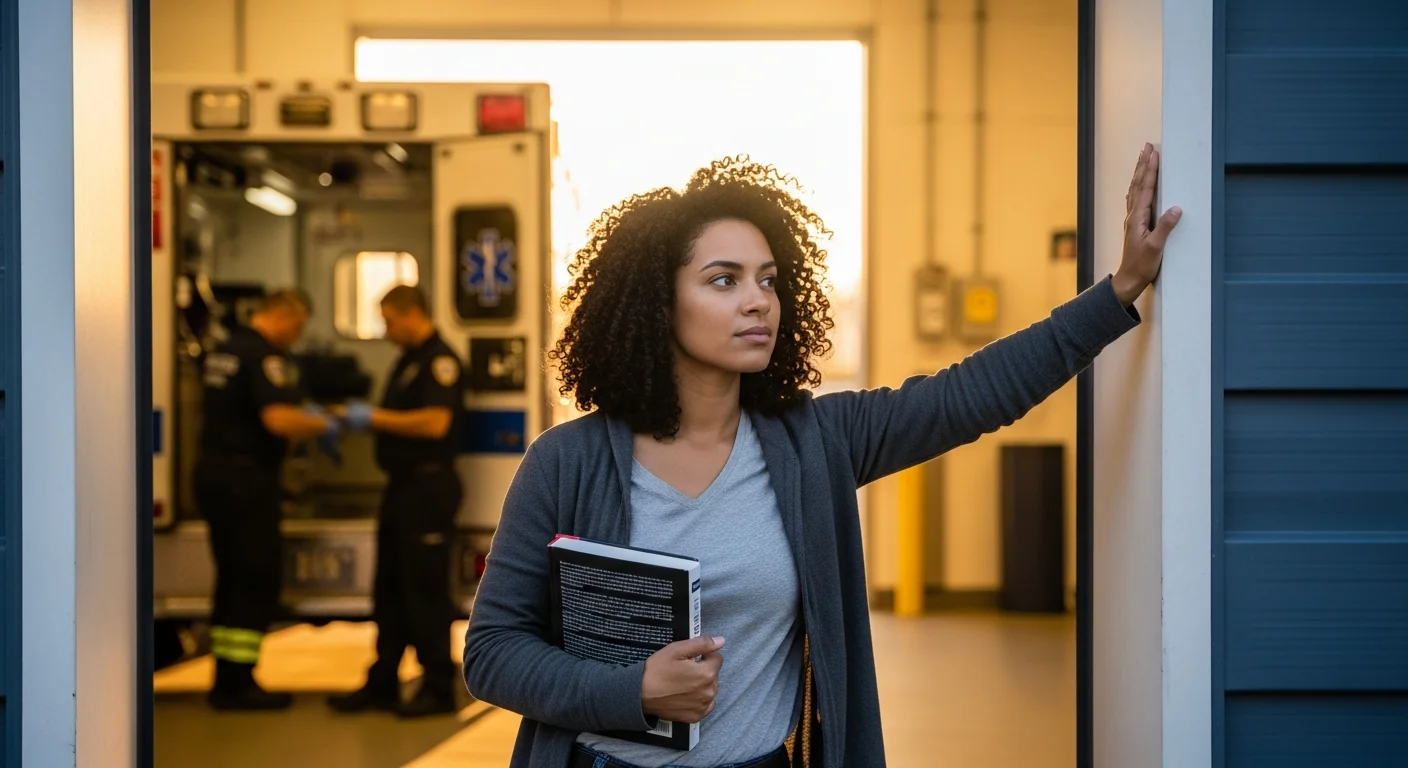 Healthcare worker at ambulance bay entrance weighing career transition from CNA to EMT