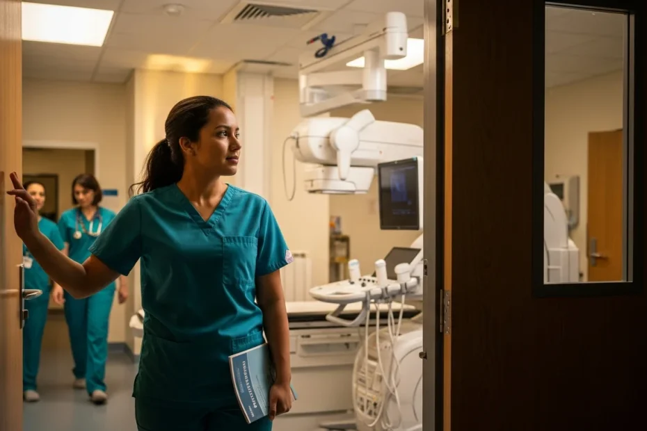 CNA in scrubs studying medical imaging program materials at community college