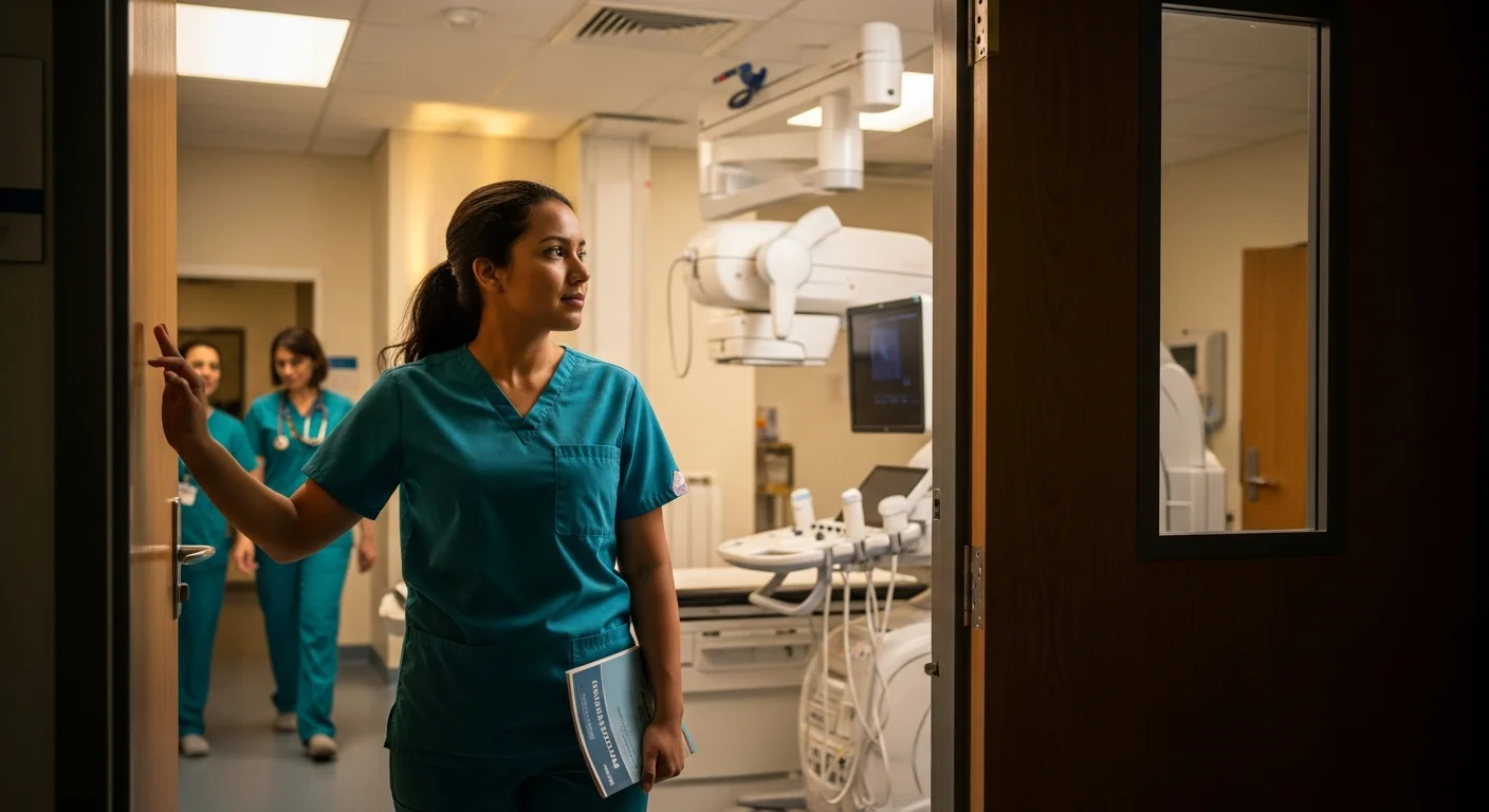 CNA in scrubs studying medical imaging program materials at community college