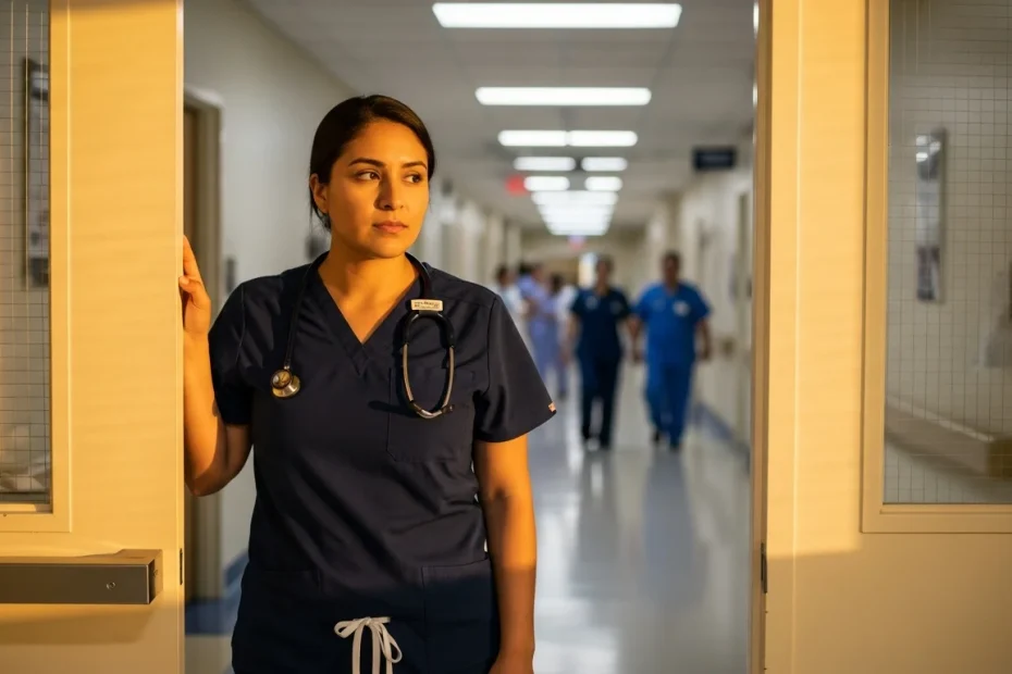 Thoughtful CNA in scrubs at healthcare facility doorway weighing career advancement options