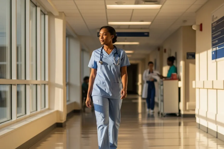 CNA in scrubs walking toward nursing school with quiet determination at golden hour