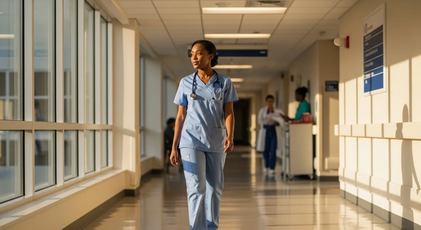 CNA in scrubs walking toward nursing school with quiet determination at golden hour
