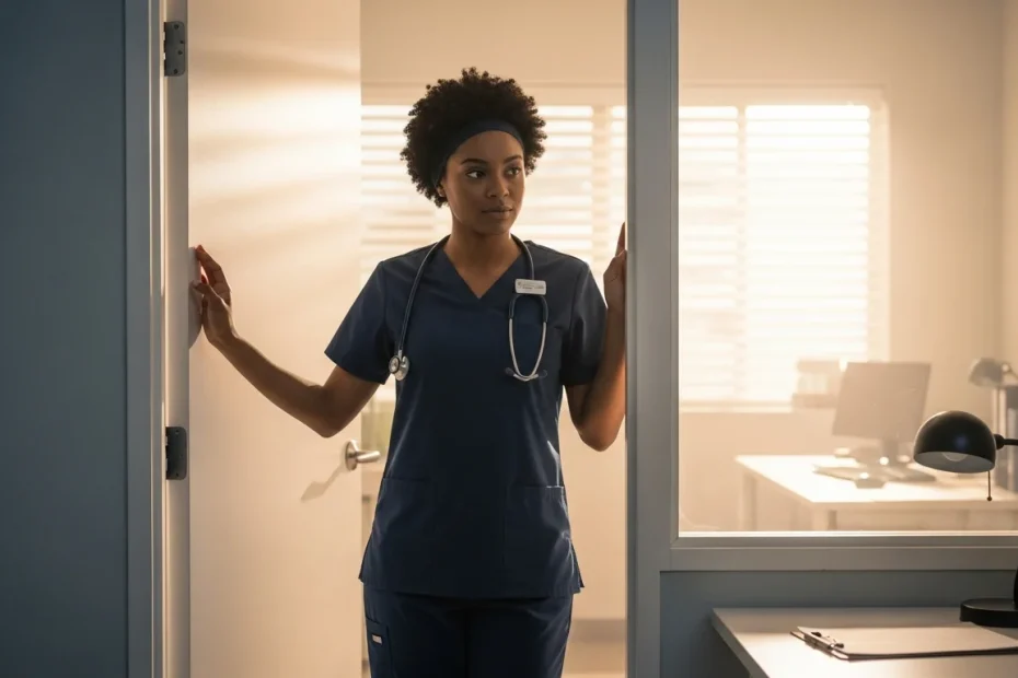 CNA in scrubs standing at medical office doorway considering career transition to medical assistant