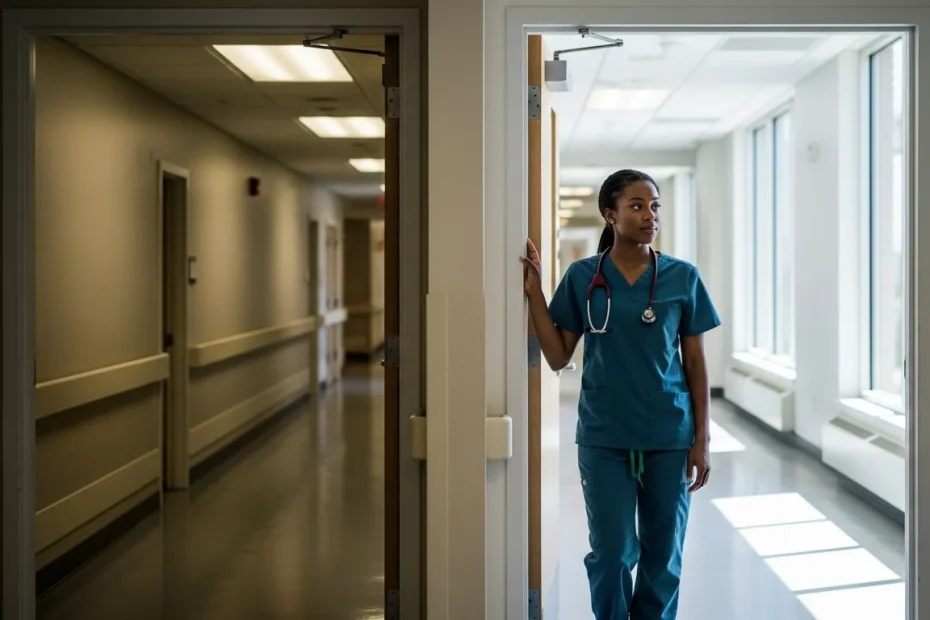 CNA in scrubs contemplating career transition to medical assistant at clinic doorway