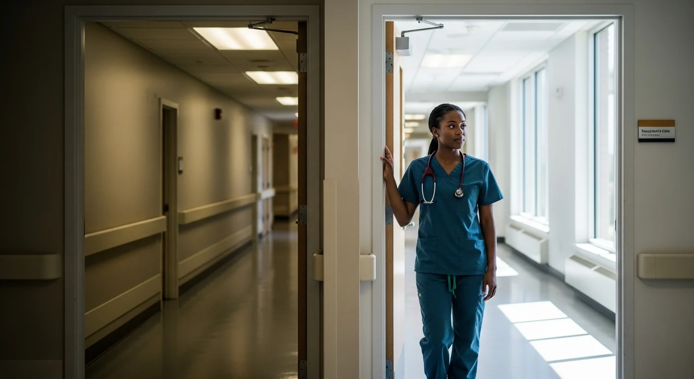 CNA in scrubs contemplating career transition to medical assistant at clinic doorway