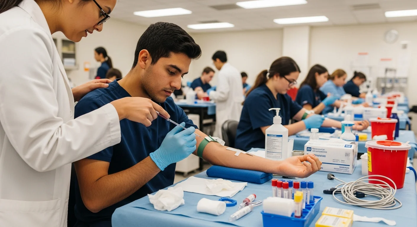 Student practicing phlebotomy skills in a clinical training lab under instructor supervision