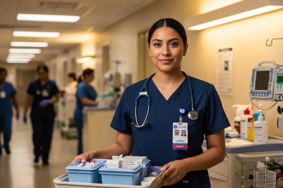 CNA in hospital scrubs evaluating career advancement options in an acute care setting
