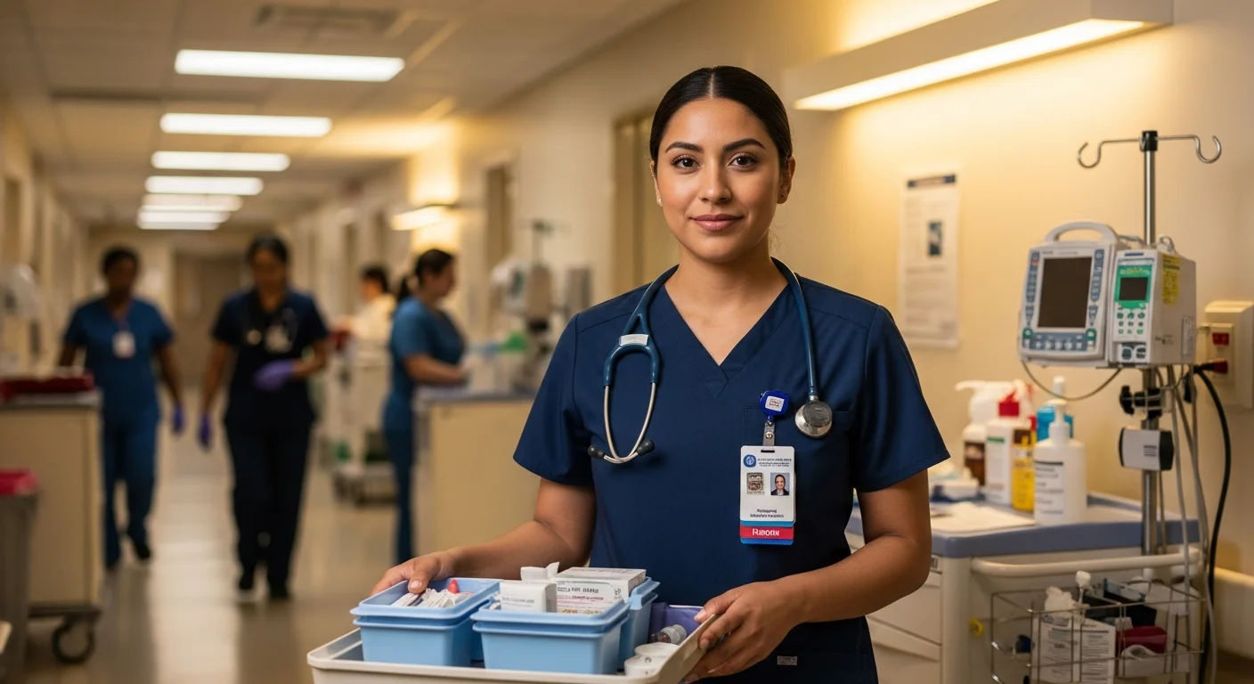 CNA in hospital scrubs evaluating career advancement options in an acute care setting