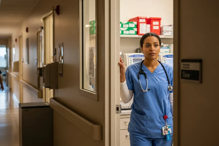 CNA in scrubs contemplating career change to phlebotomy at hospital crossroads