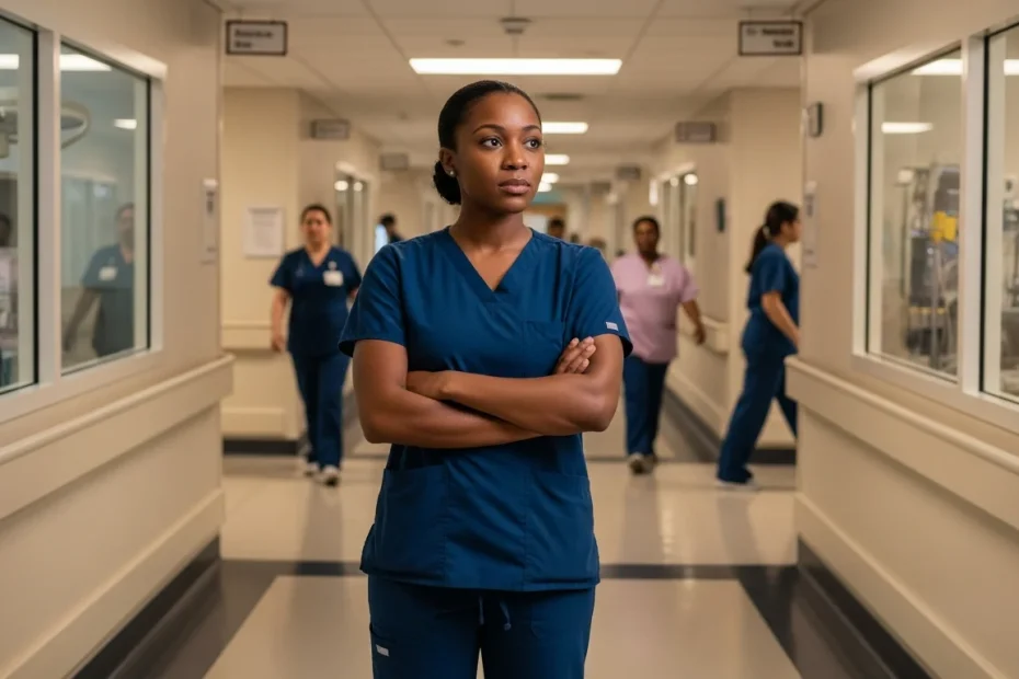 CNA in scrubs standing at hospital corridor junction considering career options