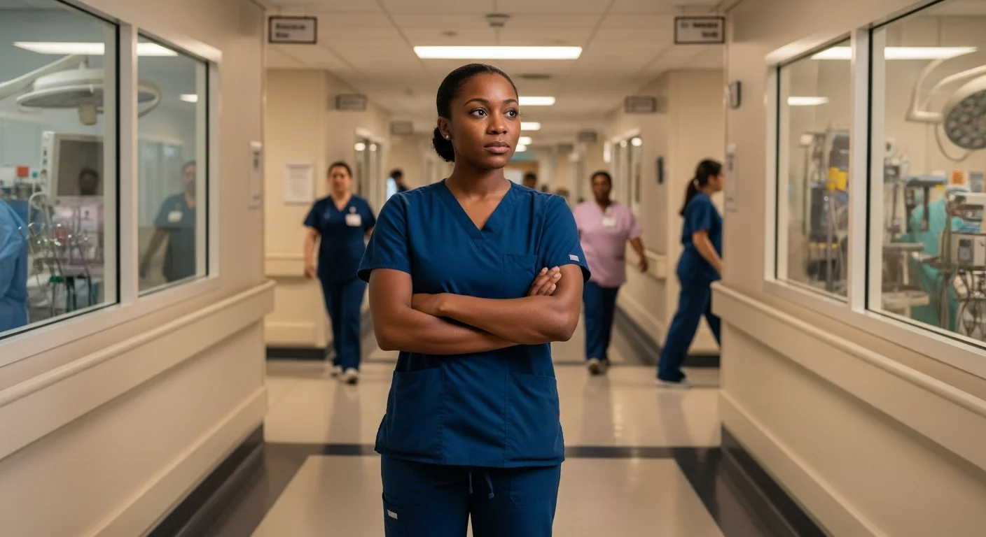 CNA in scrubs standing at hospital corridor junction considering career options