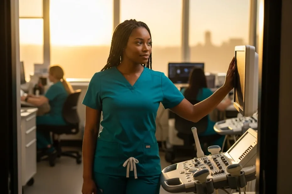 CNA in scrubs studying ultrasound transducer at clinical training lab