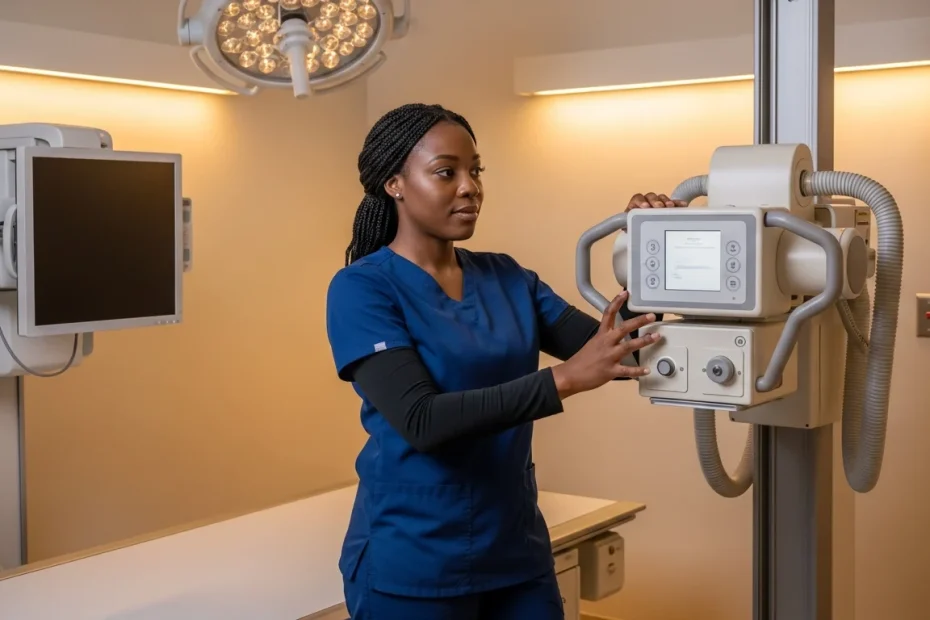 Radiologic technologist positioning X-ray equipment in hospital imaging suite