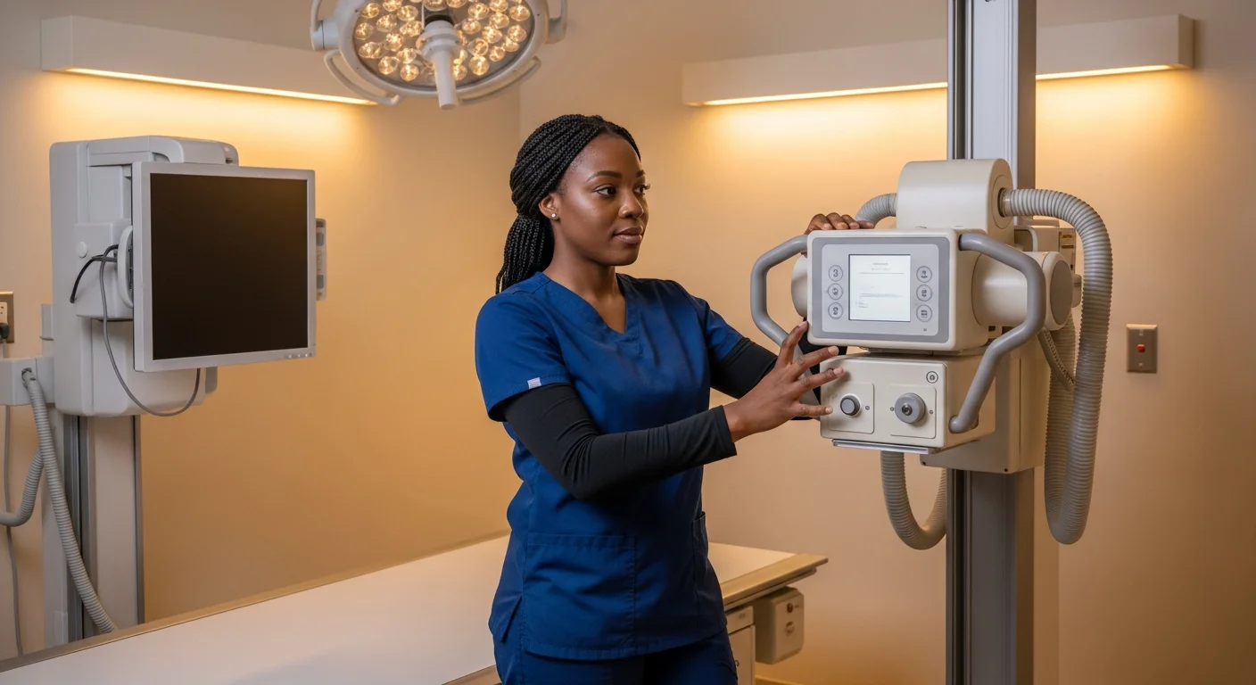 Radiologic technologist positioning X-ray equipment in hospital imaging suite