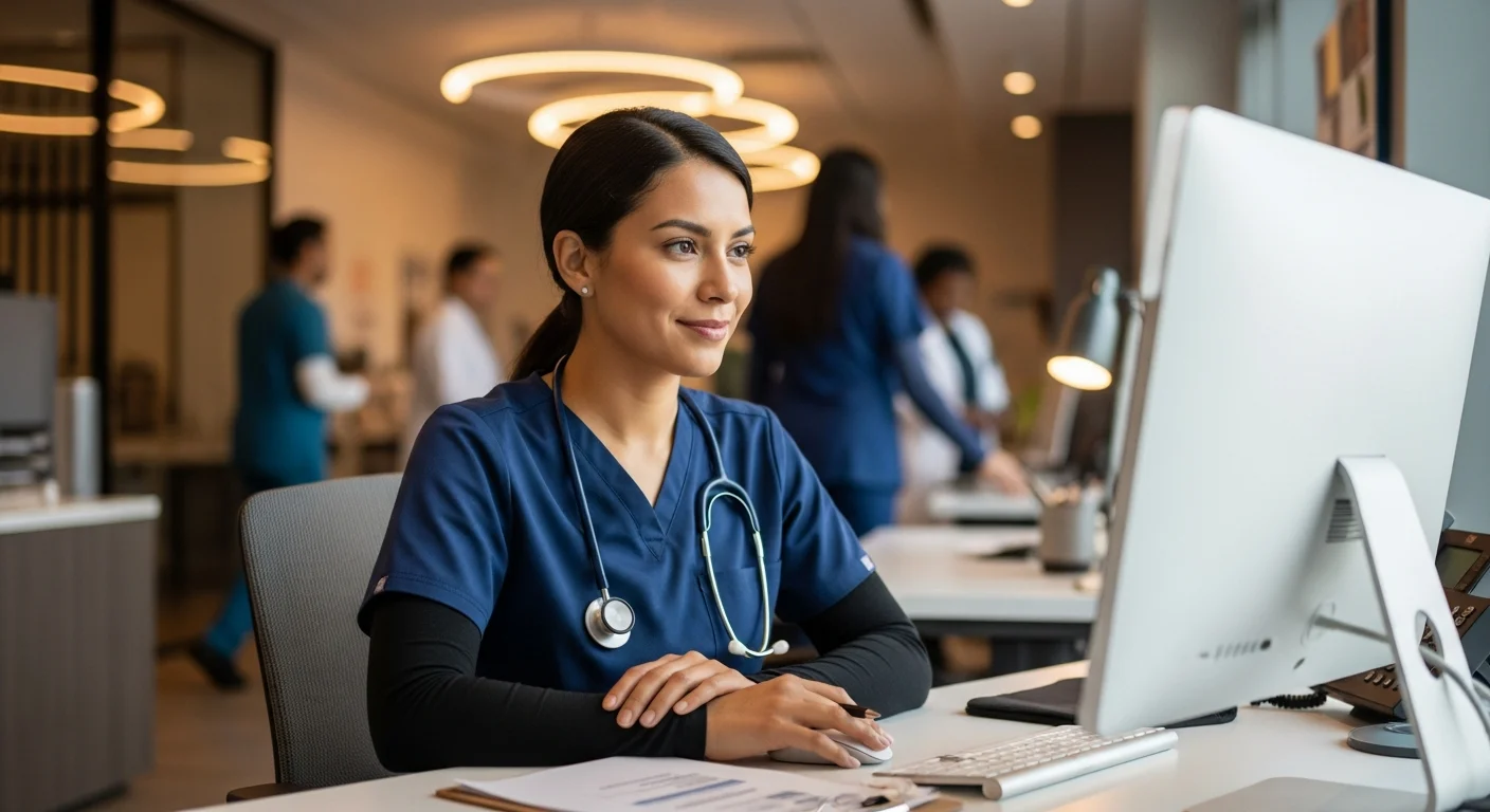 CNA reviewing Colorado license status on computer in healthcare office