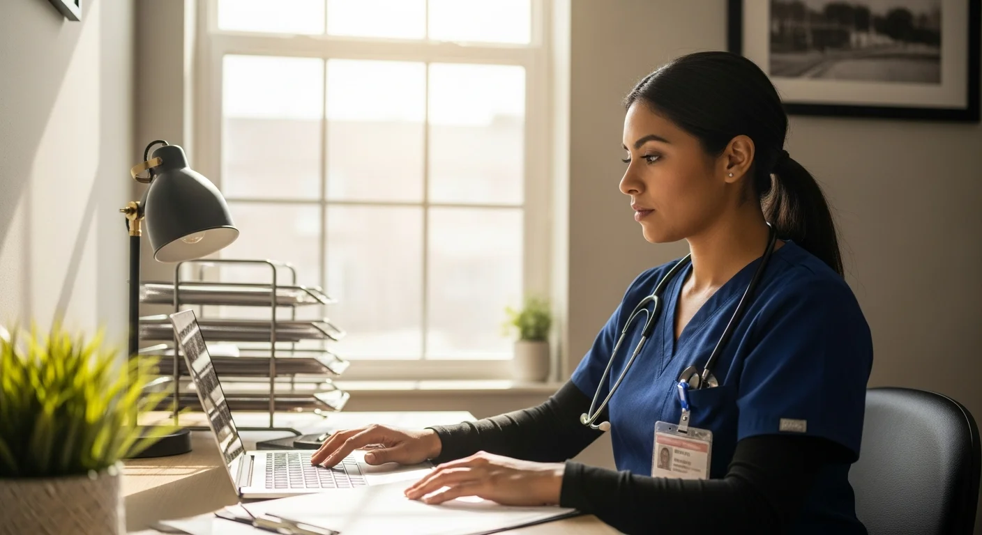 Colorado CNA reviewing license renewal documents on laptop