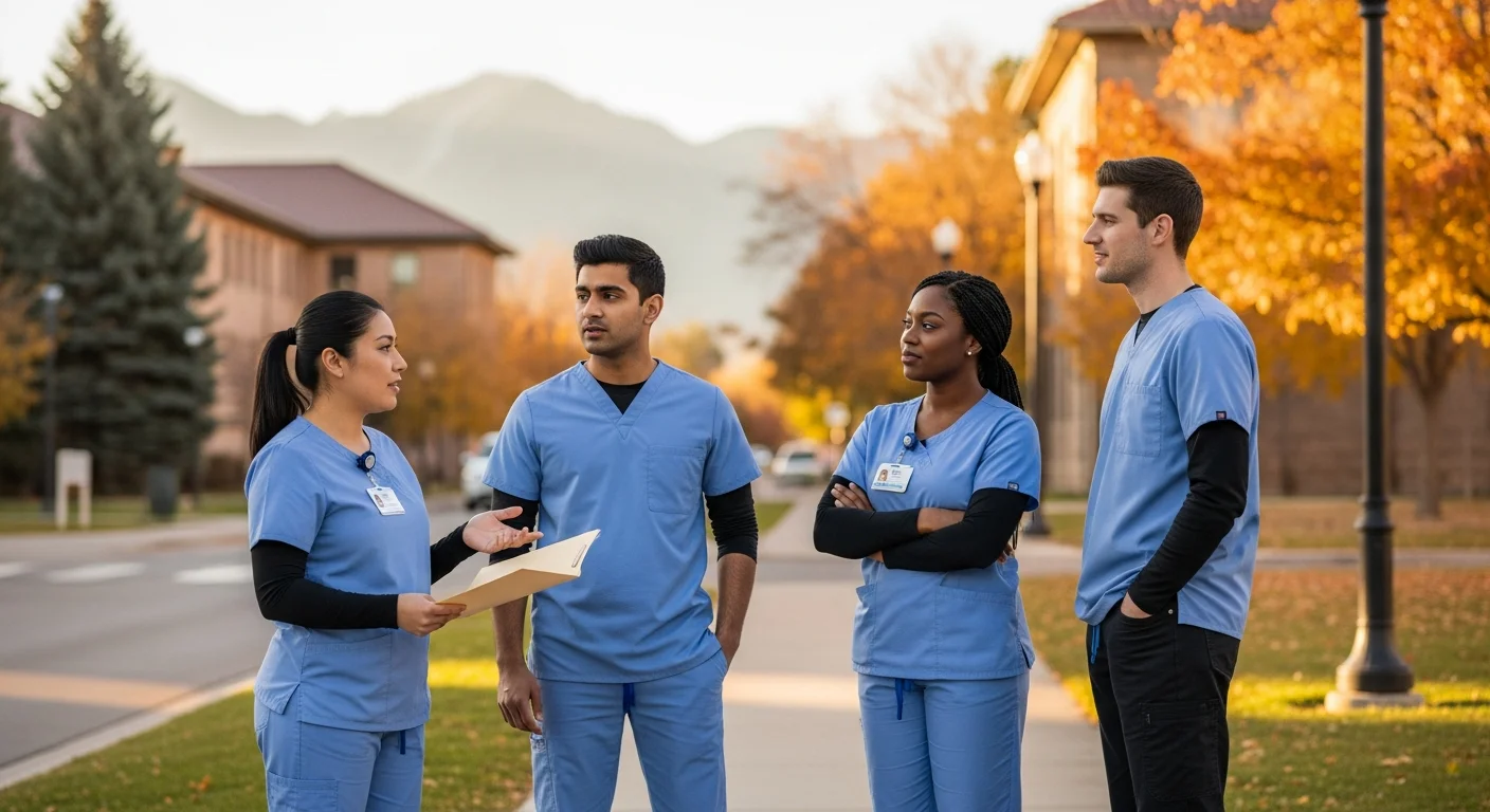 Diverse CNA students in scrubs outside Colorado nursing training facility at golden hour