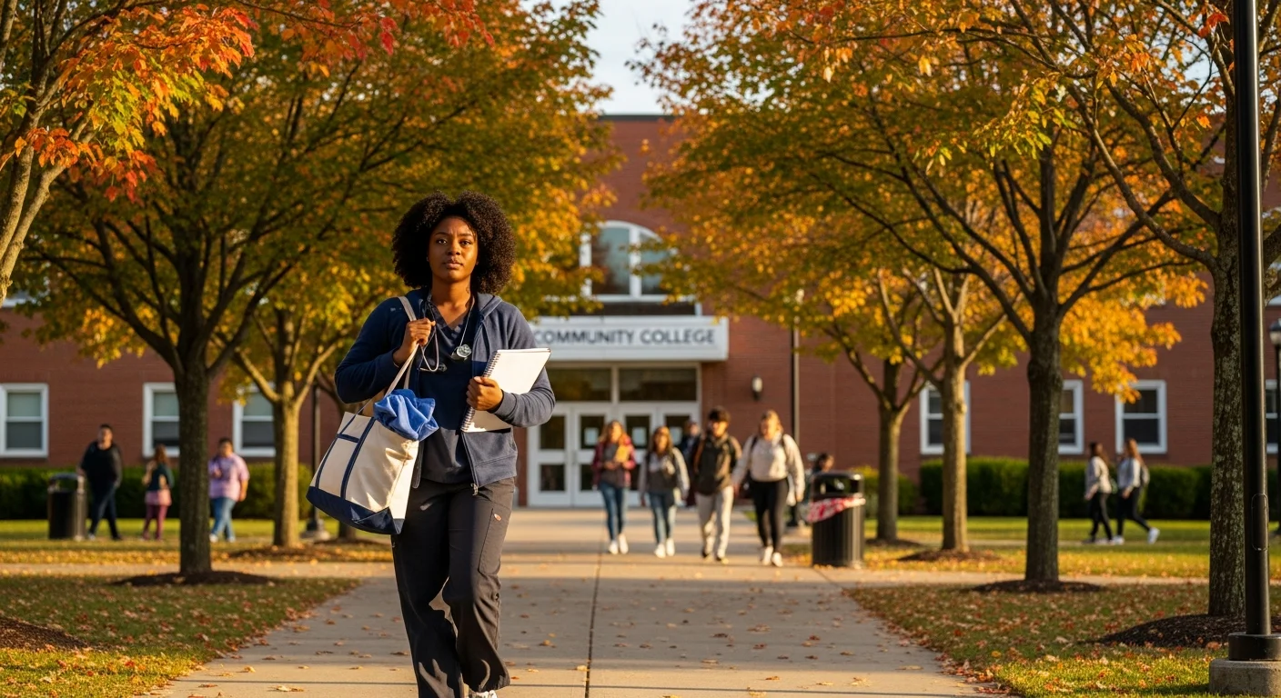 Prospective CNA student arriving at a Connecticut community college campus for nursing assistant training