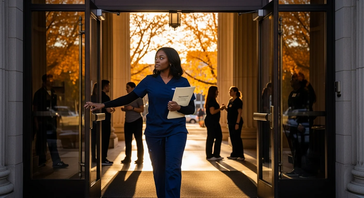 Aspiring CNA student walking toward Delaware nursing school entrance at golden hour