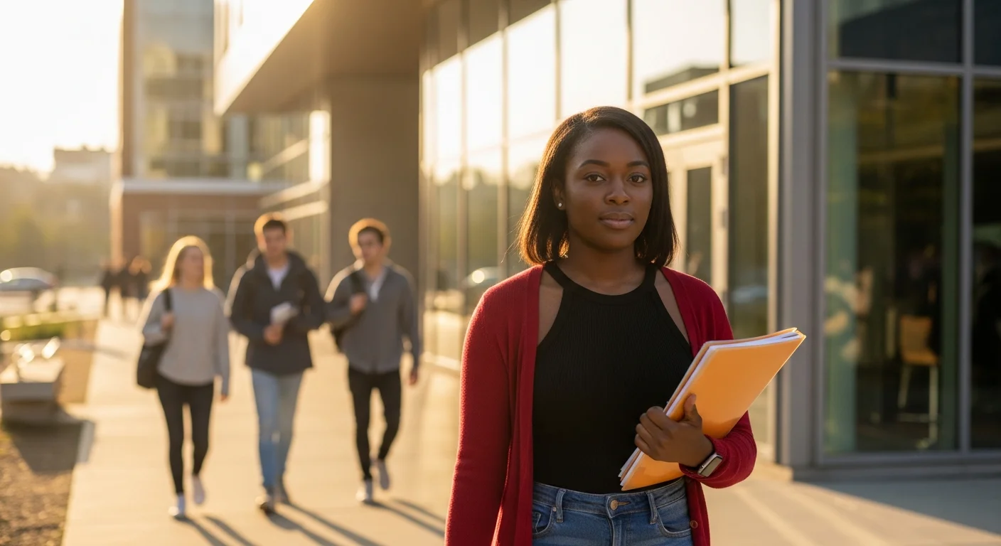 CNA student with study materials approaching Prometric testing center on a bright morning