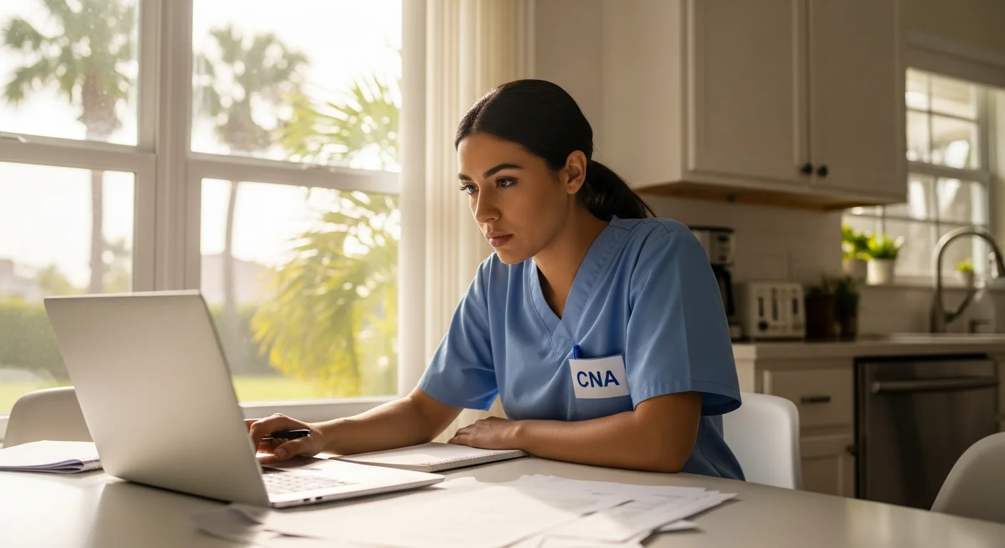 Florida CNA reviewing salary data on laptop with determination