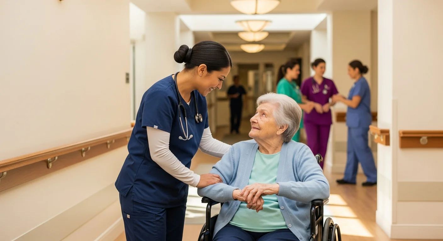 CNA assisting elderly patient in a bright Florida long-term care facility