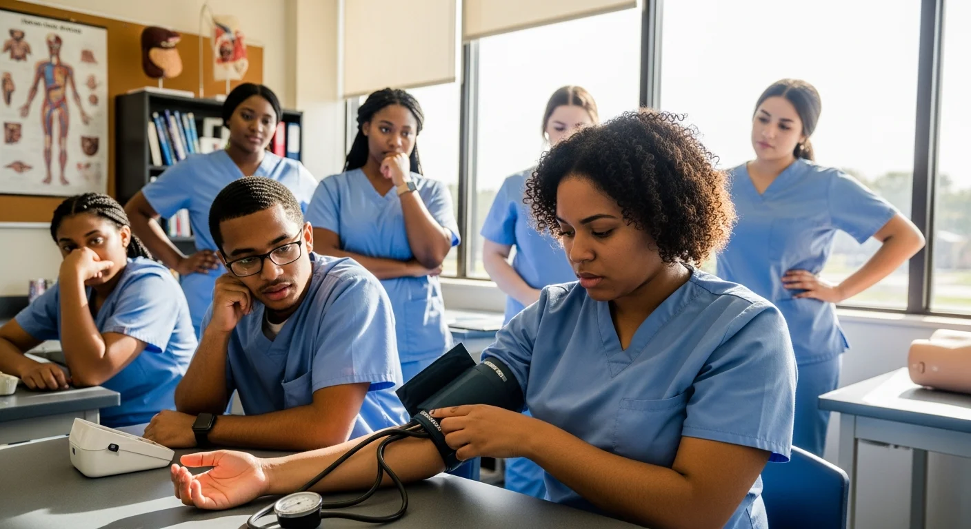 CNA students in scrubs practicing vital signs at a Florida training facility