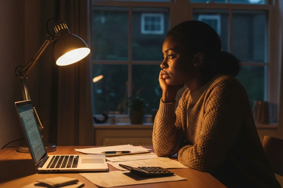 Young woman researching CNA training costs at kitchen table with laptop and calculator