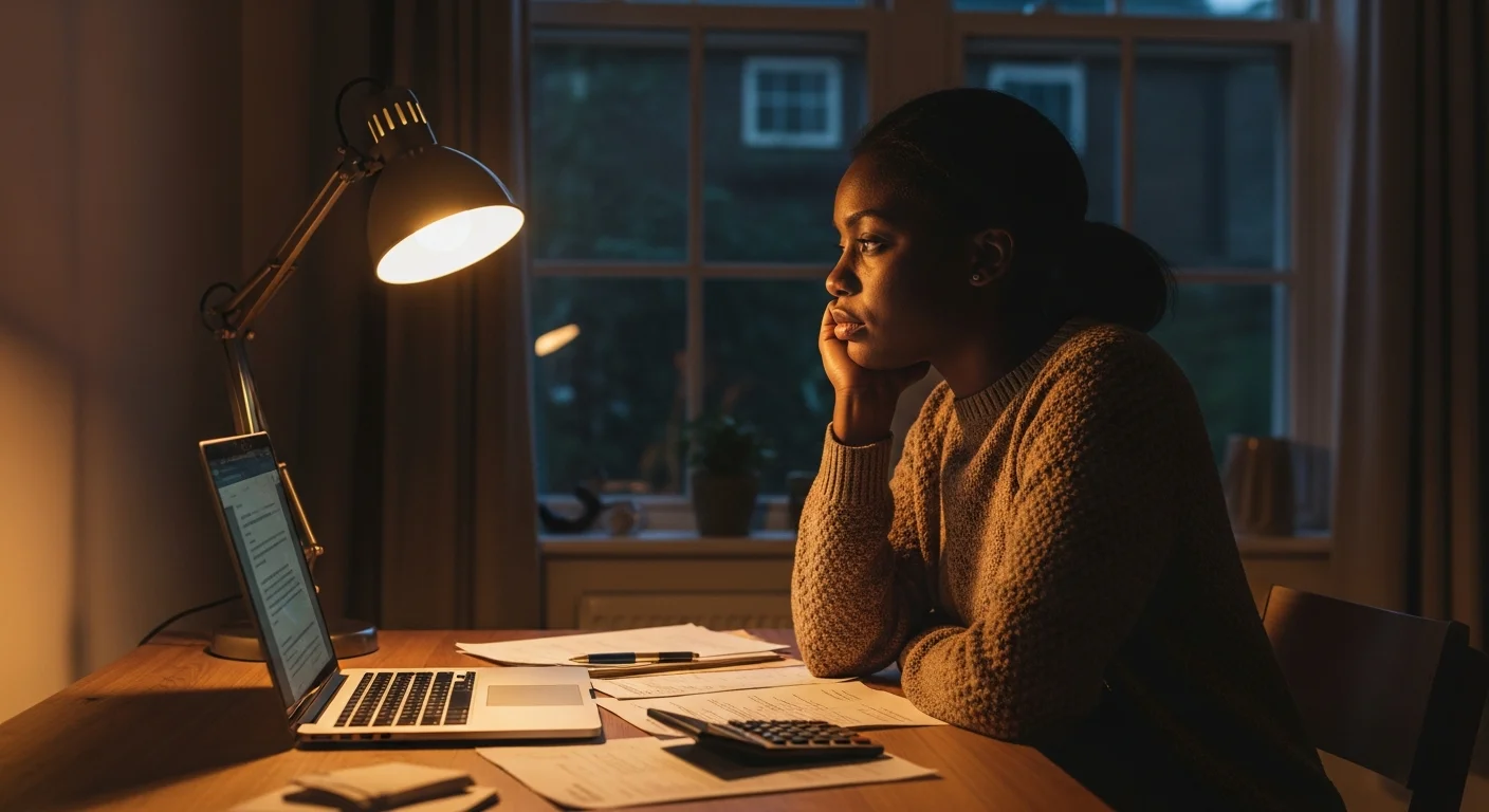 Young woman researching CNA training costs at kitchen table with laptop and calculator