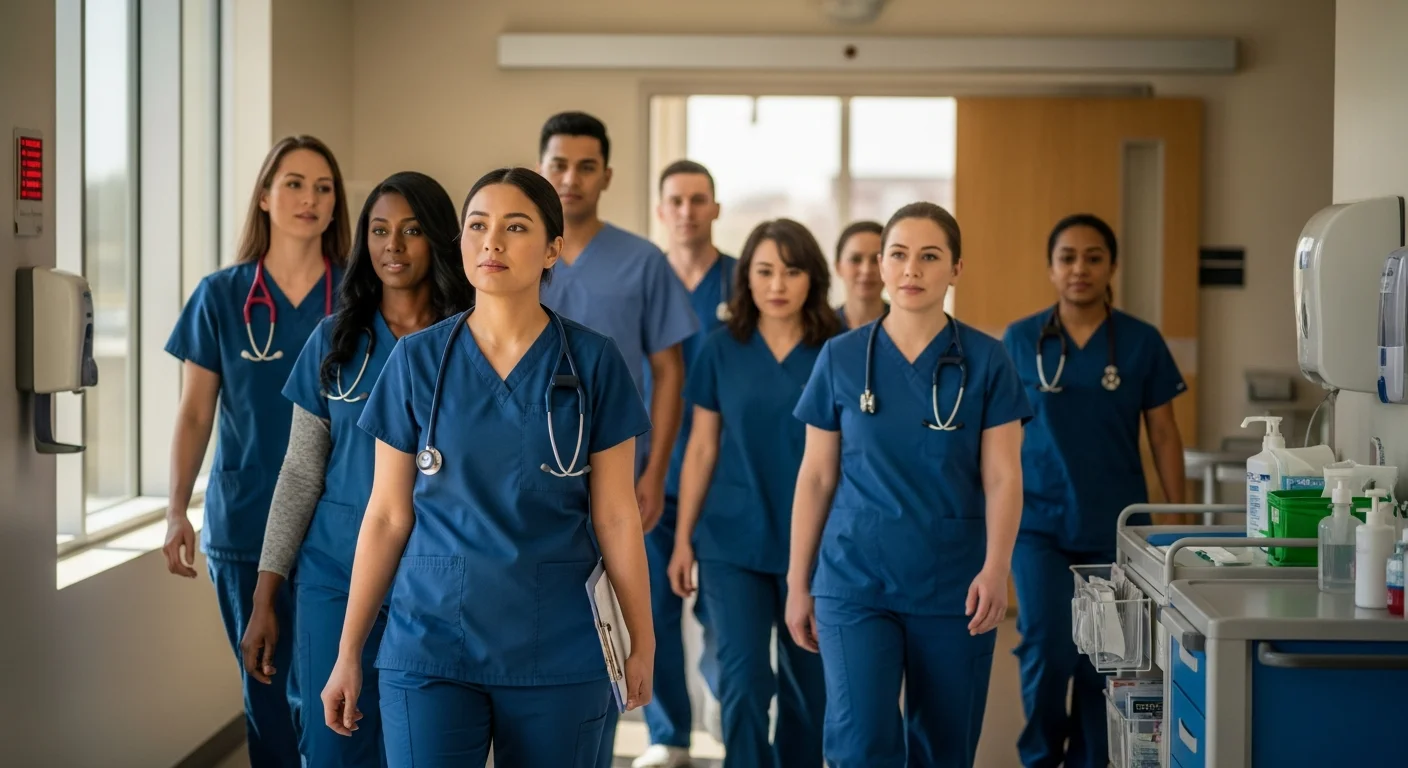 Diverse nursing assistant students in scrubs walking through clinical training facility