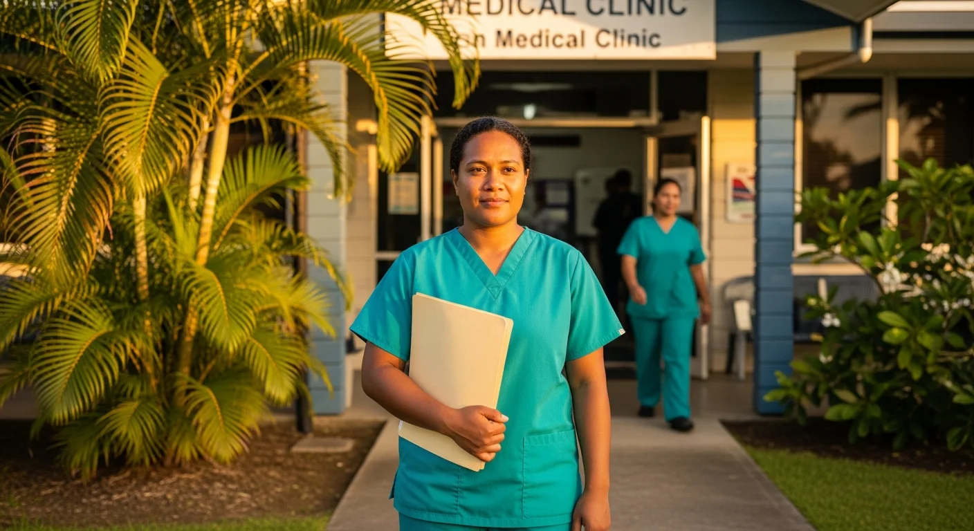 Healthcare worker with documents arriving at a Hawaiian medical facility