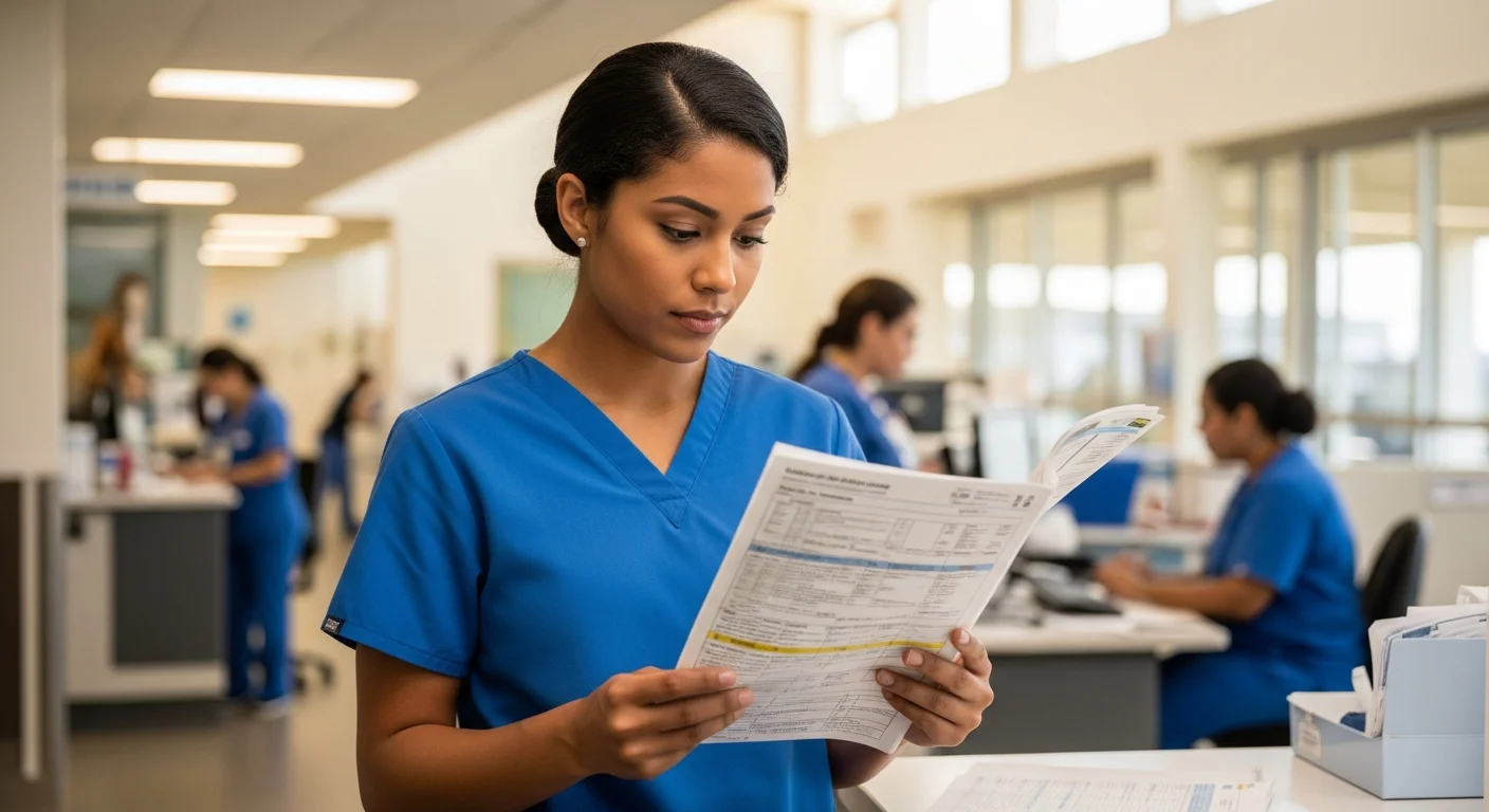 CNA reviewing patient chart in bright Hawaiian healthcare facility