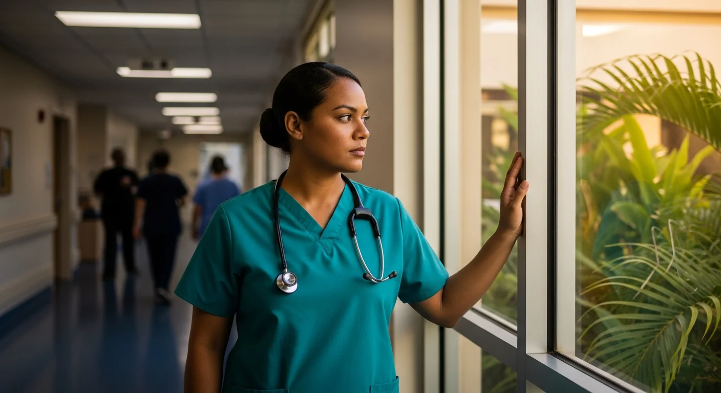 CNA in scrubs looking thoughtfully out window at Hawaiian landscape