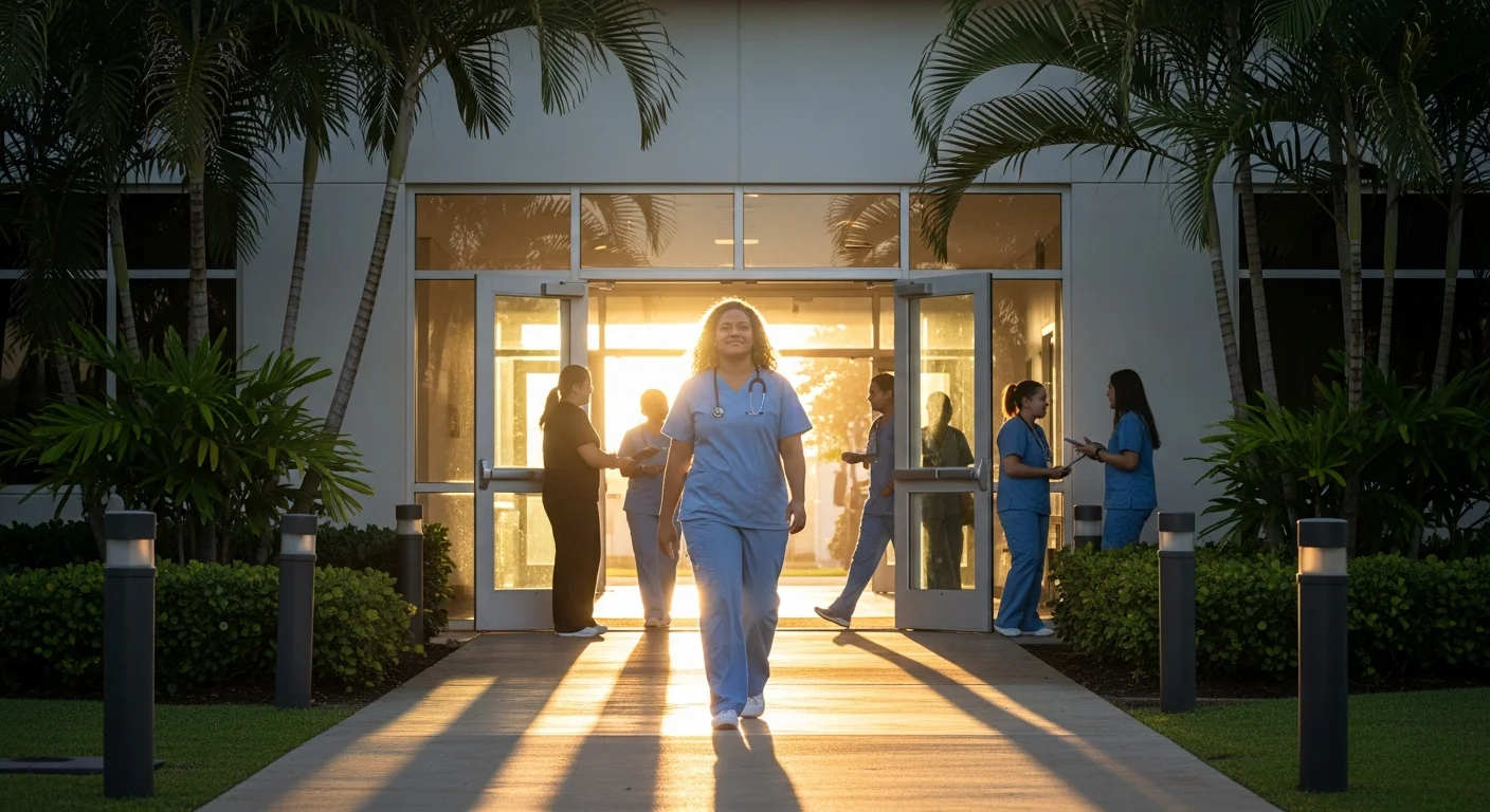 CNA student in scrubs walking toward a Hawaii healthcare training facility