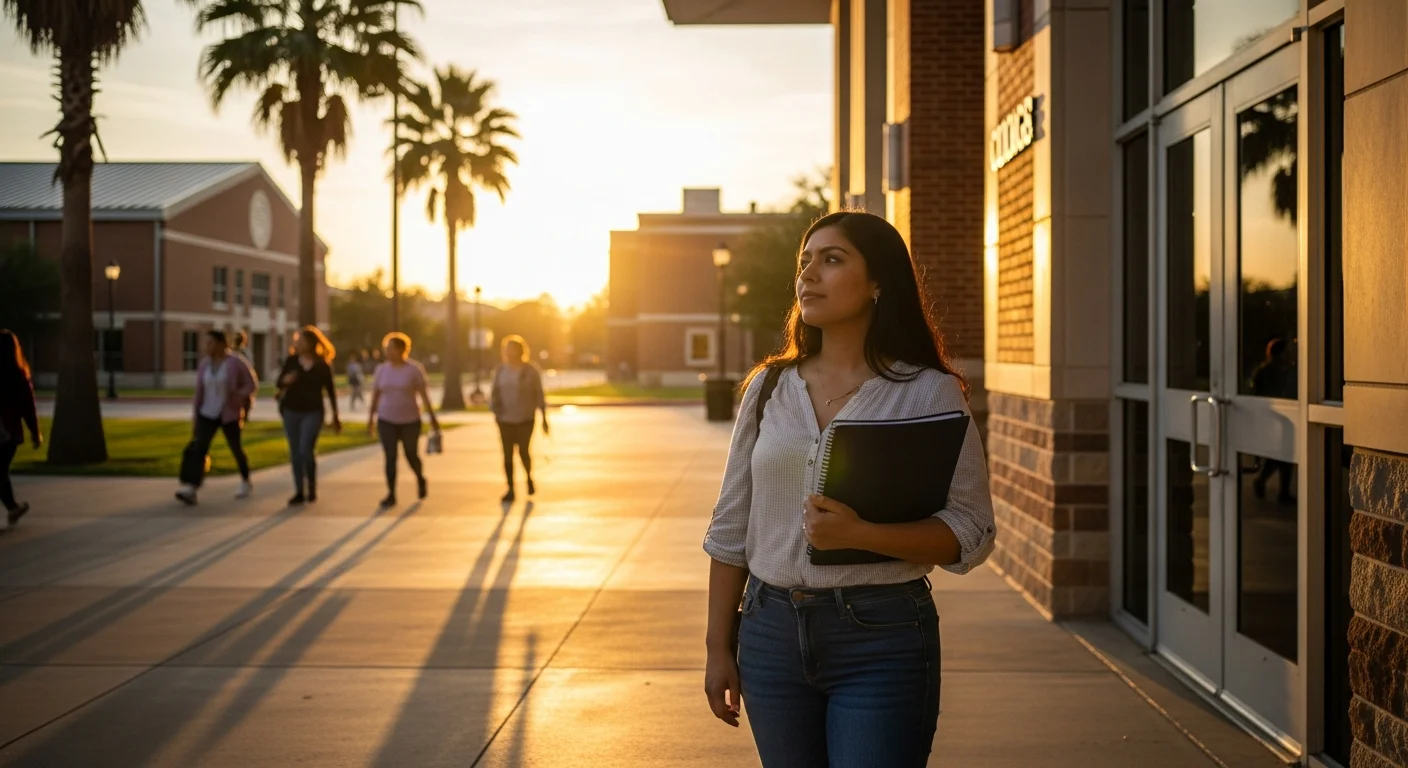Aspiring CNA student approaching a Texas community college campus at golden hour
