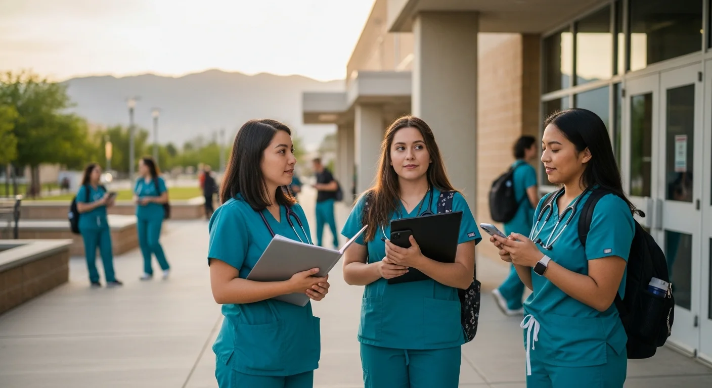 CNA students in scrubs outside an Idaho community college preparing for nursing assistant training